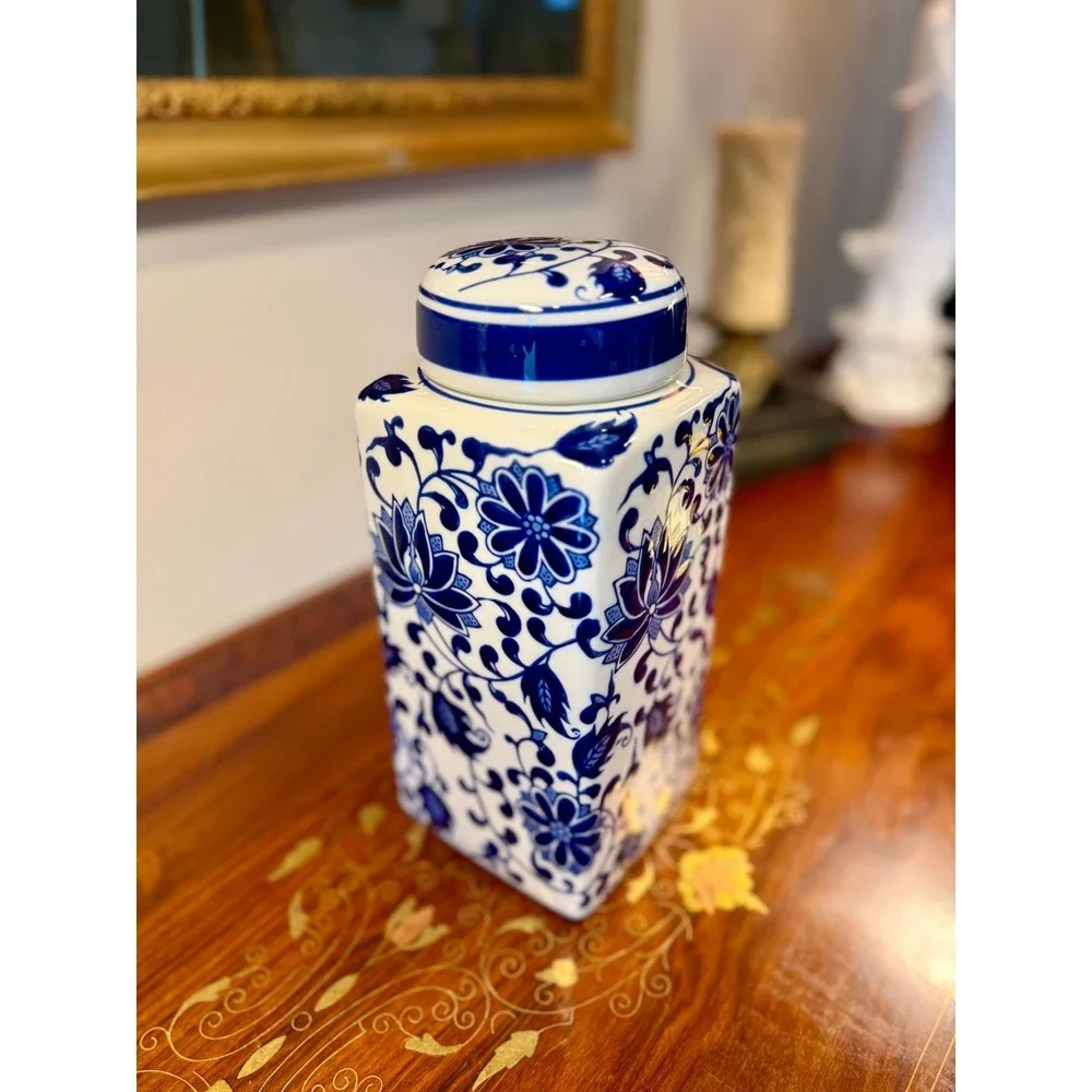 Vintage Bombay Blue & White Porcelain Ginger Jar • Lotus Floral Lidded Jar